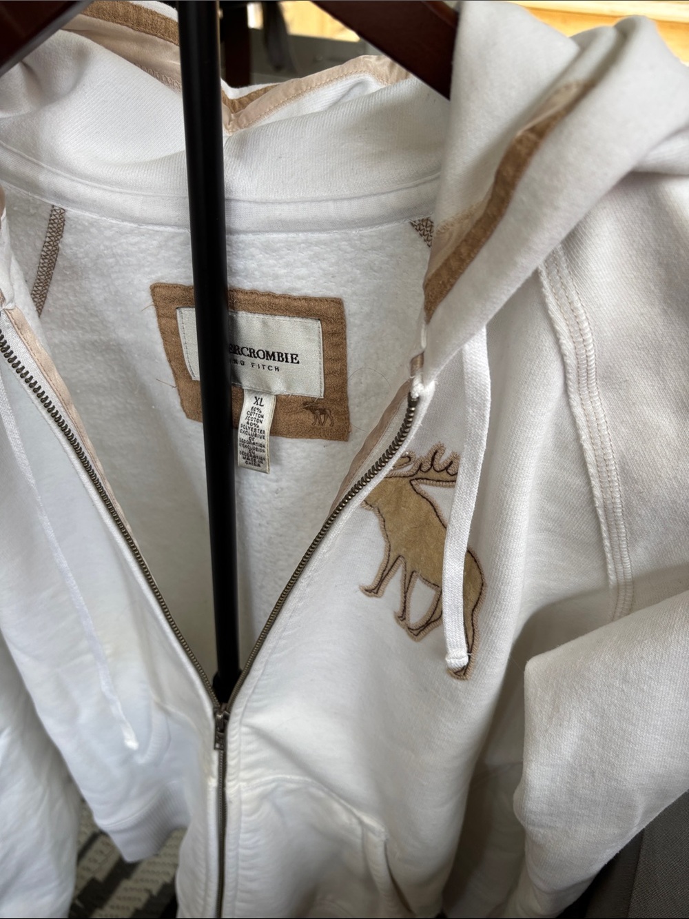 Abercrombie & Fitch White Zip Hoodie with Tan Moose Emblem